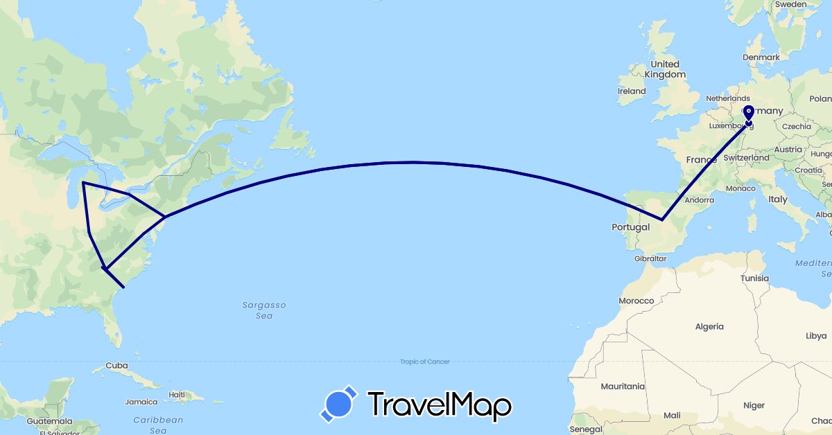 TravelMap itinerary: driving in Canada, Germany, Spain, United States (Europe, North America)